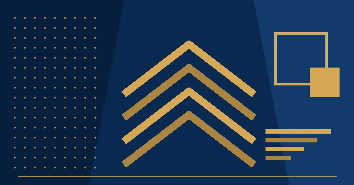 Navy and gold geometric shapes with gold chevron stripes, a dotted grid, and an outline square, no people or text