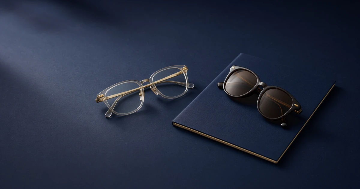 Photoreal navy and gold still: clear glasses, sunglasses, and unmarked notebook on Unique navy surface